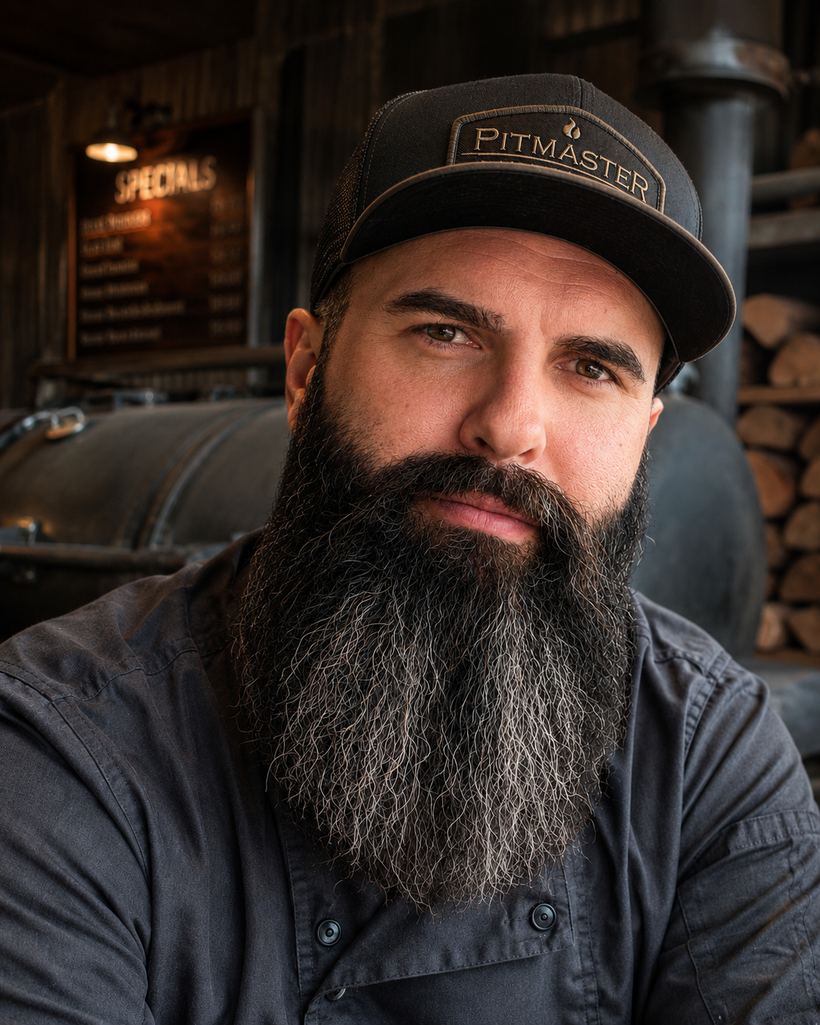 Colby Brownlee seated in front of an offset smoker and stacked split wood.